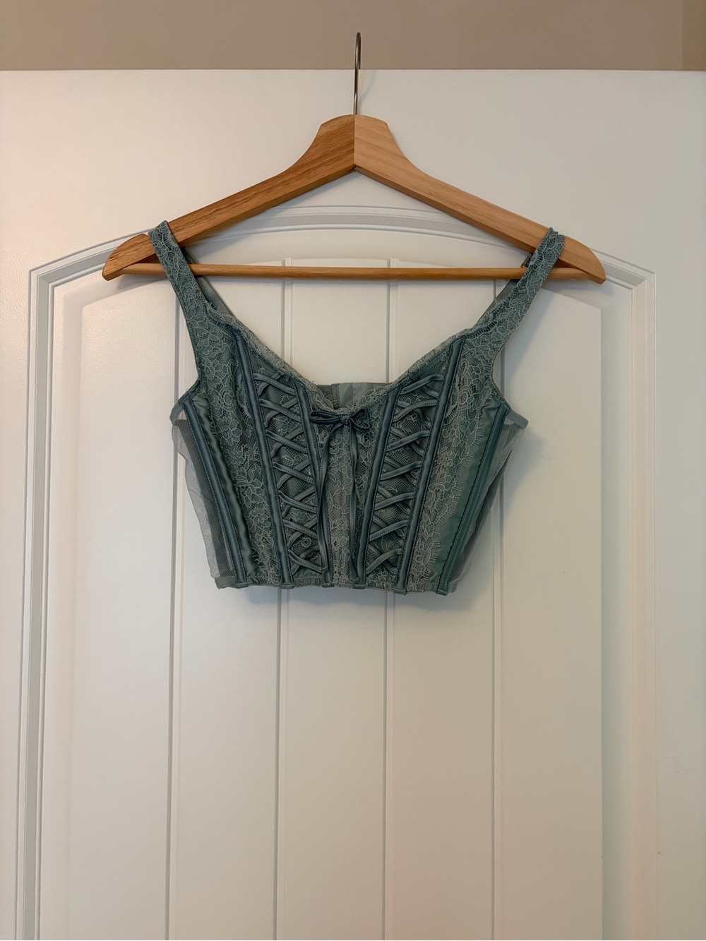 Lace-Up Corset Crop Top in Greenish blue